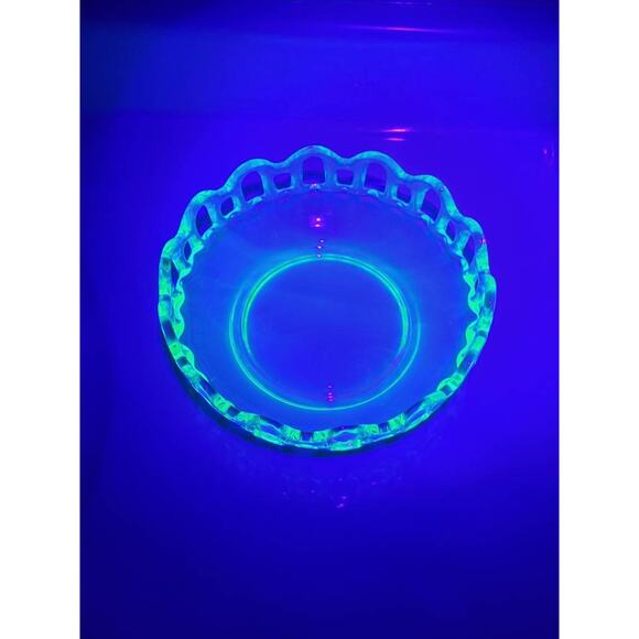 Vintage Green Depression, Uranium Glass Bowl, Lace Edge Lancaster Glass - Picture 1 of 6